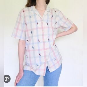 Vintage Alfred Dunner Flower Embroidered Gingham Button Down Shirt